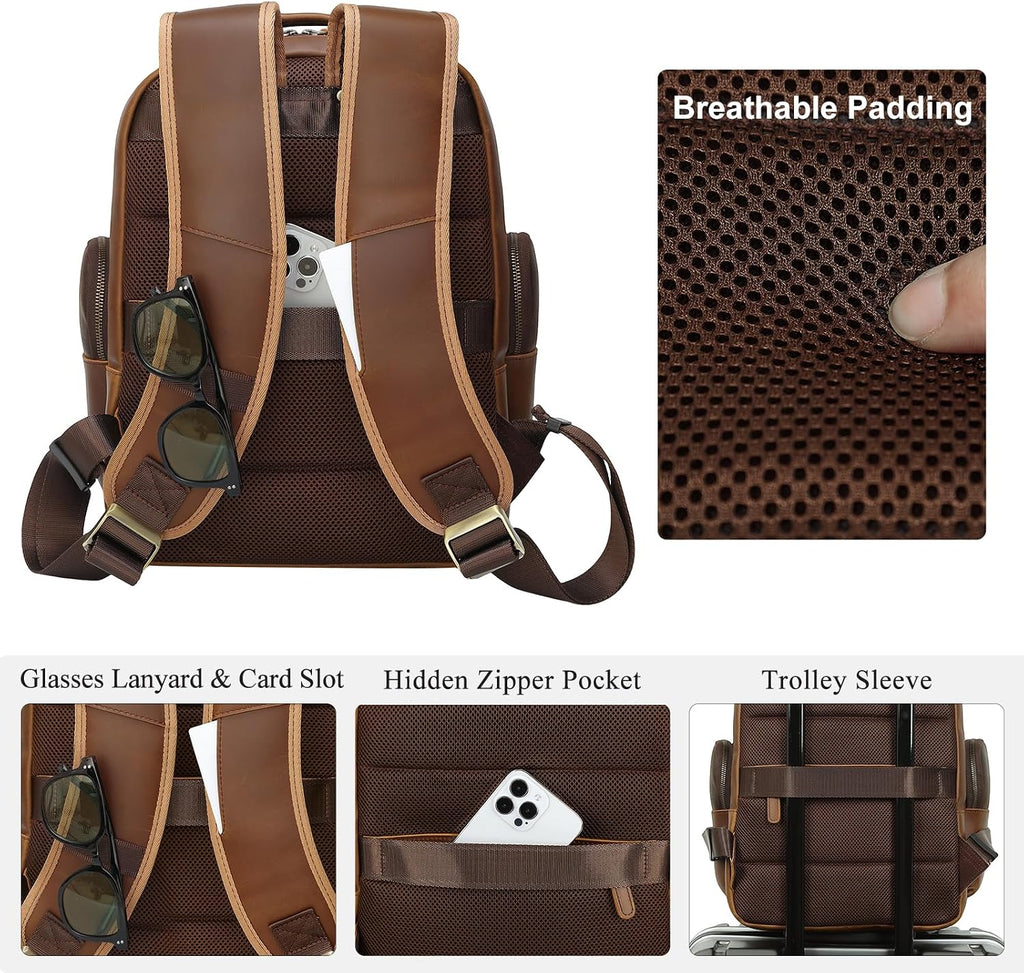 TIDING Men's Vintage Leather Backpack 15.6' Laptop Bag Large Capacity Business Travel Hiking Shoulder Daypacks