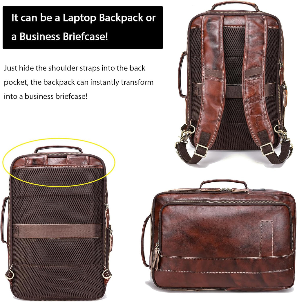 LANNSYNE Vegetable Tanned Leather Backpack for men, Expandable Leather Backpack Fits 15.6 Laptop, Tote Shoulder Travel Bag Rucksack