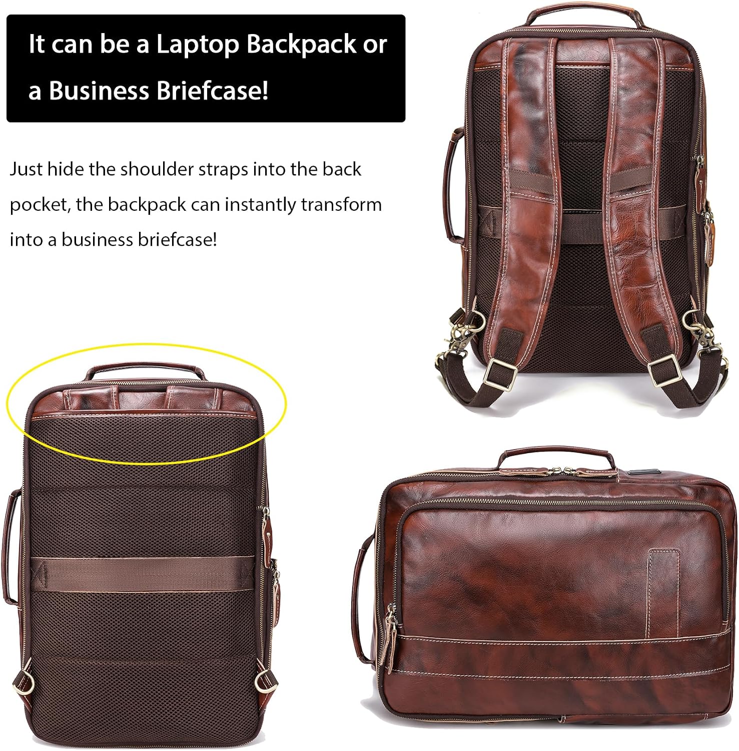 LANNSYNE Vegetable Tanned Leather Backpack for men, Expandable Leather Backpack Fits 15.6 Laptop, Tote Shoulder Travel Bag Rucksack