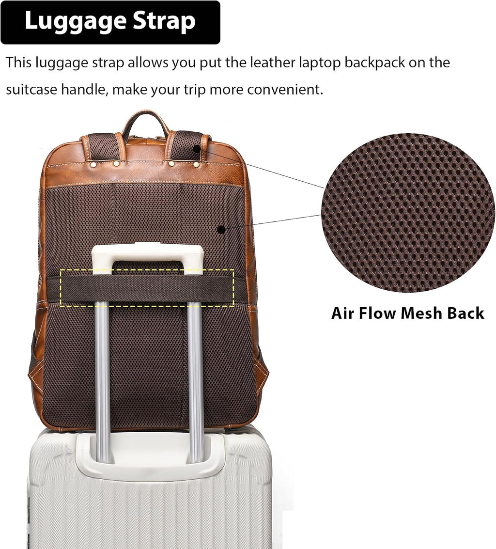 LANNSYNE Vegetable Tanned Leather Backpack For Men, 17' Laptop Backpack, Casual Outdoor Business Travel Rucksack, YKK Zippers