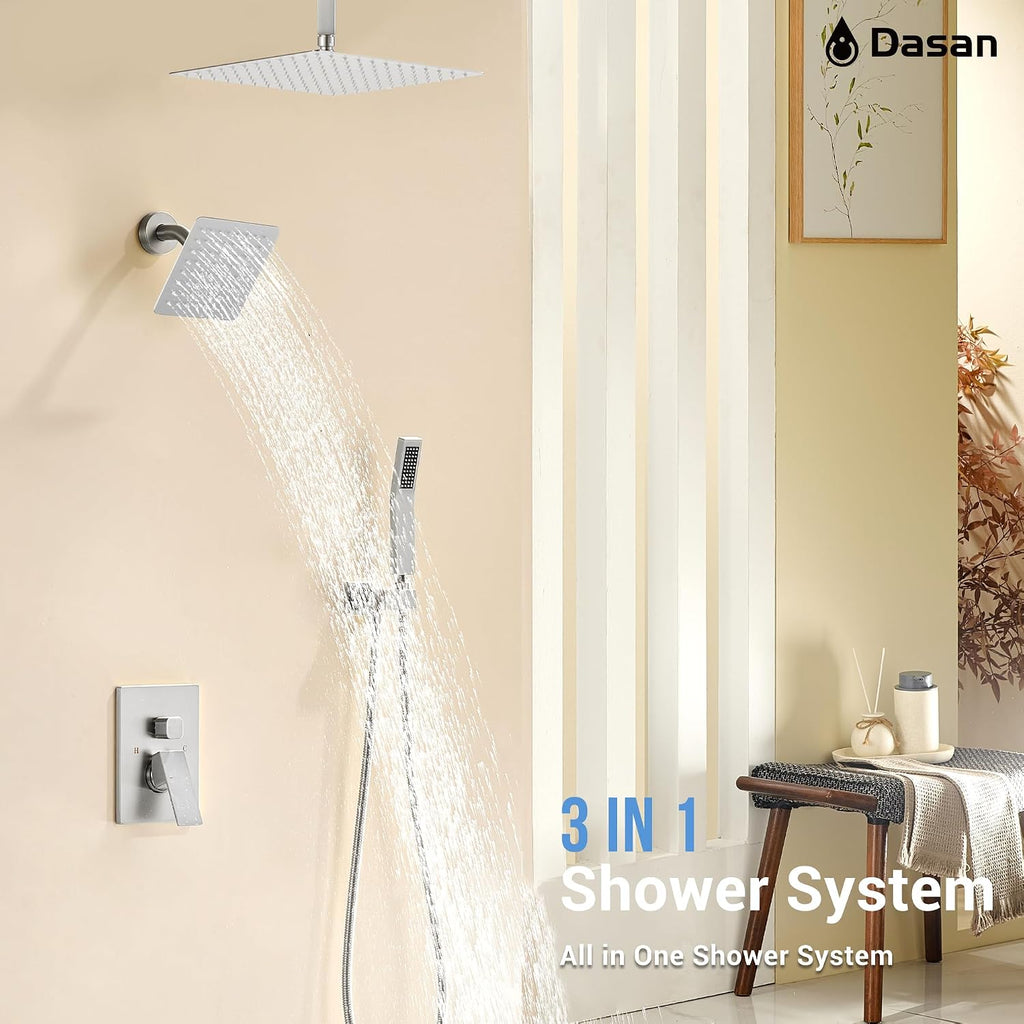Dasan Dual Rain Shower System with Valve & handheld,Luxury Shower Faucet Set With Ceiling Mounted 12' & 6' Shower Head,Brushed Nickel Tandem Shower Head System for Couples