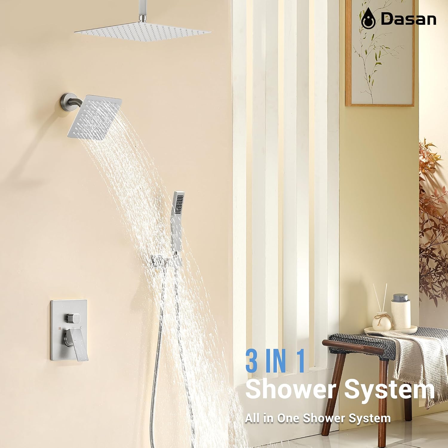 Dasan Dual Rain Shower System with Valve & handheld,Luxury Shower Faucet Set With Ceiling Mounted 12' & 6' Shower Head,Brushed Nickel Tandem Shower Head System for Couples