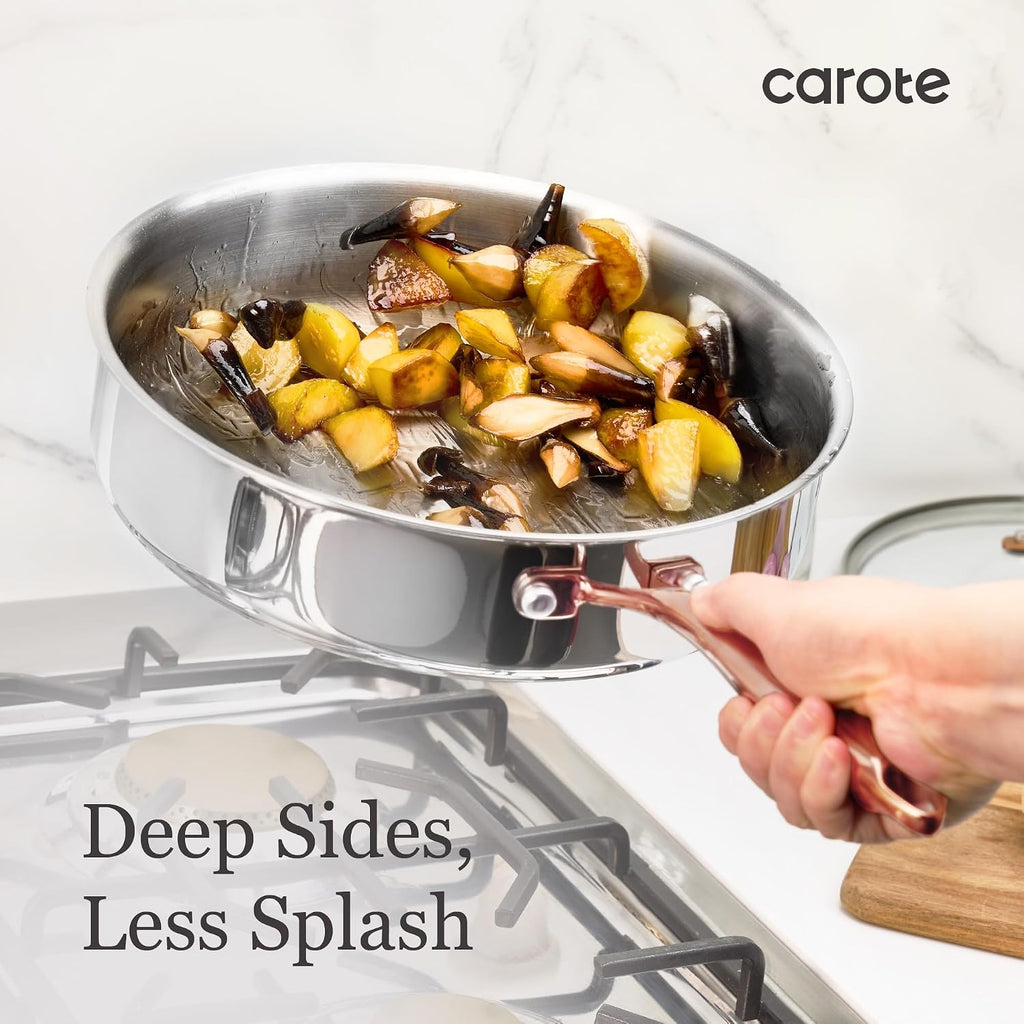 CAROTE 30 PCS Tri-Ply Stainless Steel Cookware Set, Pots and Pans Set, Non Toxic Induction Kitchen Cooking Sets, Gold