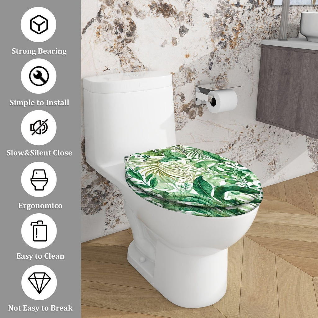 Elongated Toilet Seat Tropical seamless exotic leaves Floral painted watercolor Resin Toilet Seat with Quietly Close Quick Release Hinges Decorative Toilet Seat with Cover Easy to Clean and Install