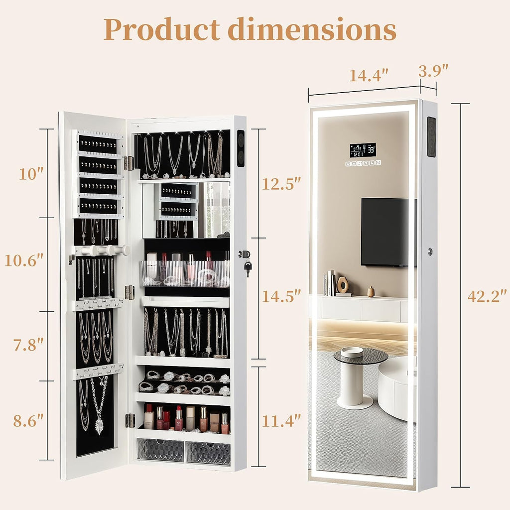 LED Mirror Jewelry Cabinet with Bluetooth Speaker, Wall/Door Mounted Jewelry Organizer Armoire, Full Length Lighted Mirror with Jewelry Storage,Jewelry Box Standing for Women