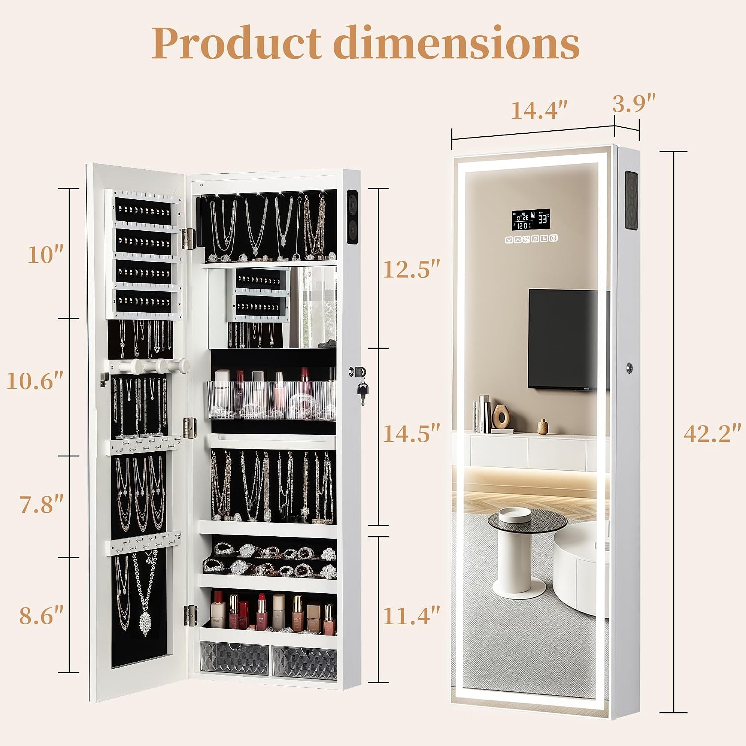 LED Mirror Jewelry Cabinet with Bluetooth Speaker, Wall/Door Mounted Jewelry Organizer Armoire, Full Length Lighted Mirror with Jewelry Storage,Jewelry Box Standing for Women