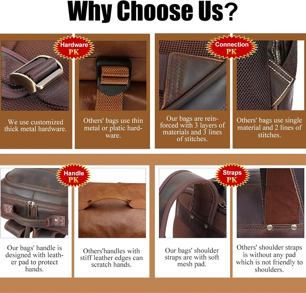 Masa Kawa Brown Leather Laptop Backpack for Men Fits 16' 15.6' Computer, Vintage Business Travel Work Large Daypack Weekender Bag Camping Rucksack