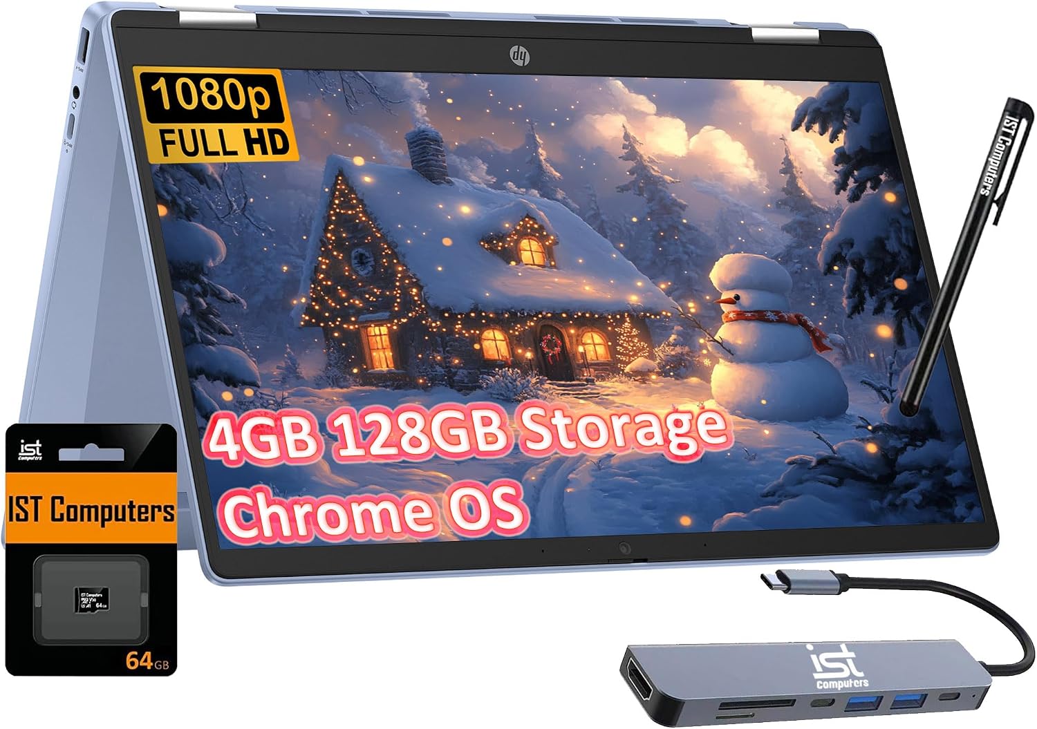 HP Chromebook X360 14b 2-in-1 Laptop (14' FHD Touchscreen, Intel N100, 4GB RAM, 128GB Storage (64GB eMMC + 64GB SD Card)) Home & Student, Long Battery Life, Wi-Fi 6, Webcam, IST Pen & HUB, Chrome OS