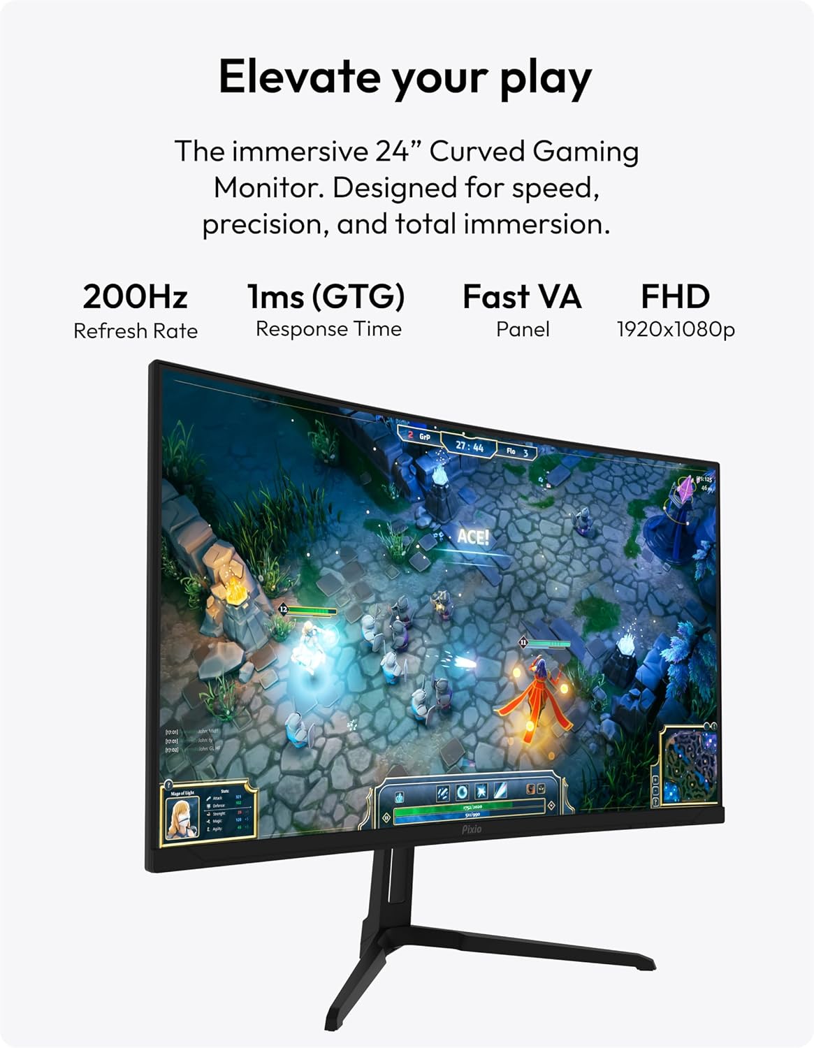Two Pixio PXC248WAVE 24 inch 200Hz Refresh Rate FHD 1080p Resolution 1500R Curve Fast VA Panel 1ms GTG Response Time HDR Curved Gaming Monitor and PS1D Wave Black Dual Monitor Arm - Fits up to 32 inch