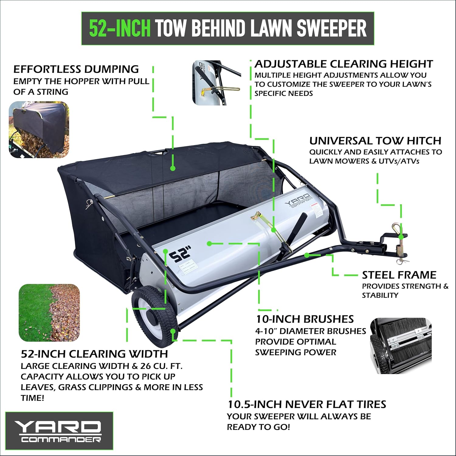 Yard Commander - 52-Inch Tow-Behind Lawn Sweeper, 10' Nylon Brushes, Universal Tractor/ATV Hitch, Never-Flat Wheels, Adjustable Height, 1-Year Warranty, Ideal for Leaves, Grass & Debris