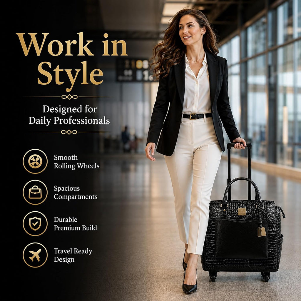 Rolling Laptop Bag for Women with Wheels & Handle Luxury Pure Leather Embossed Work Bag with Laptop Sleeve Travel Briefcase