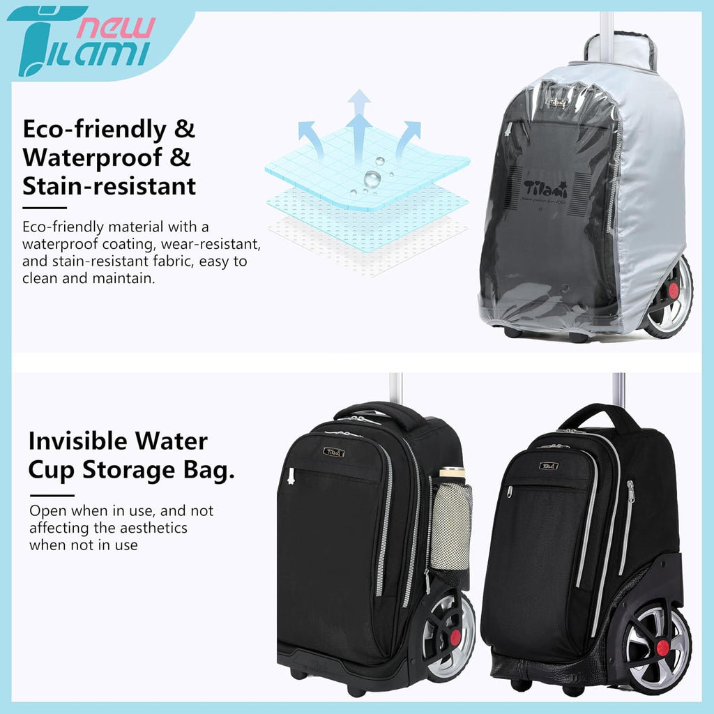 NEW TILAMI 19 Inch Rolling Backpack with Lunch Bag for Girls Boys Wheeled Laptop Backpack Durable Carry-on Bag School Travel, Black