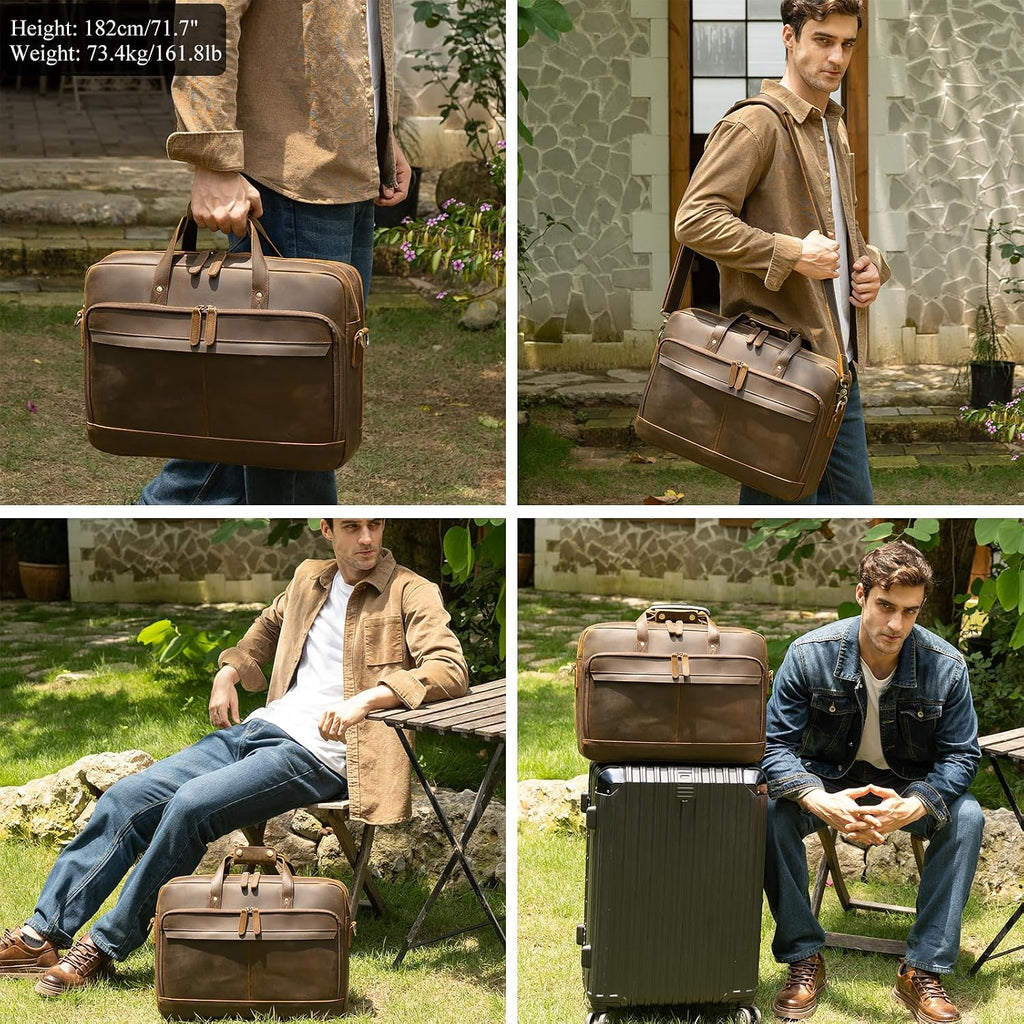 Masa Kawa Leather Briefcase for Men 17/15.6' Laptop Crossbody Shoulder Messenger Bag Business Travel Work Attache Case