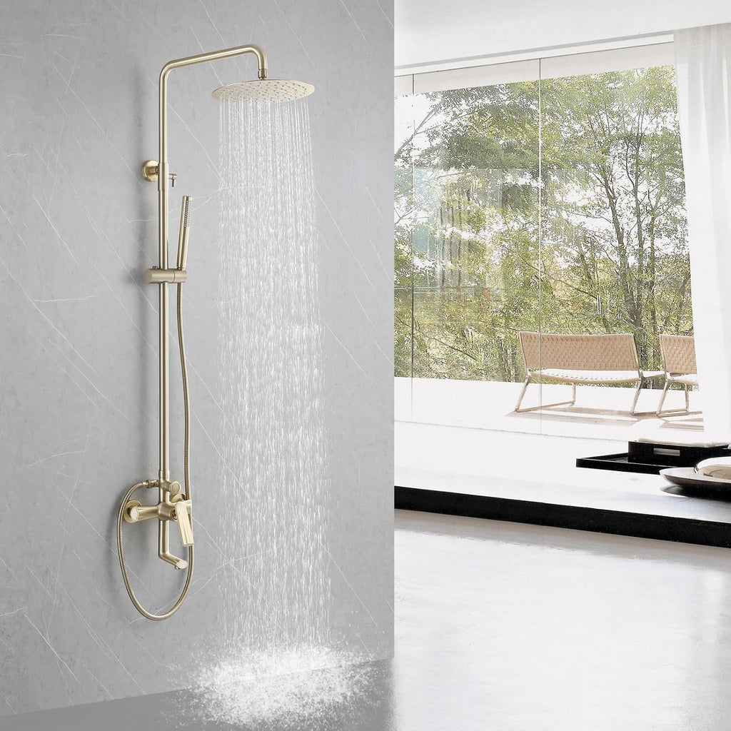 Brushed Gold Exposed Shower Syem with Handheld, 3 Functions Bathtub Shower Faucet Sets with Brass Valve, Shower Fixture with 10-Inch Rainfall Shower Head, Height Adjustable Shower Set