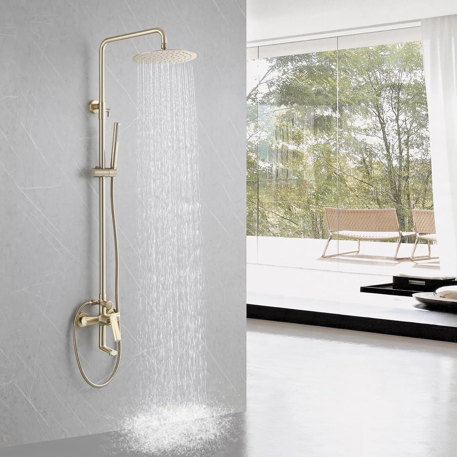 Brushed Gold Exposed Shower Syem with Handheld, 3 Functions Bathtub Shower Faucet Sets with Brass Valve, Shower Fixture with 10-Inch Rainfall Shower Head, Height Adjustable Shower Set