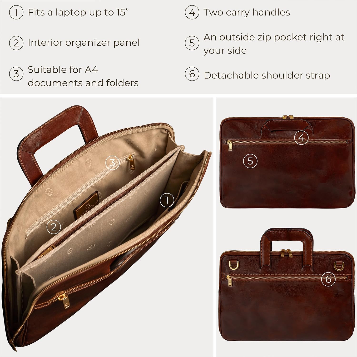 Time Resistance Slim Leather Briefcase - Italian Handmade Leather Computer Bag - Briefcase for Men and Women - Laptop Bag