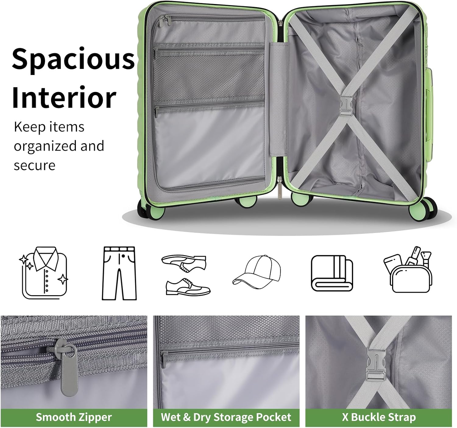WireHot 5-Piece Lightweight Luggage with Backpack Sets, ABS+PC Hard Shell Suitcase with TSA Lock & YKK Zipper (Avocado Green, 20in/24in/28in/BP/TB)