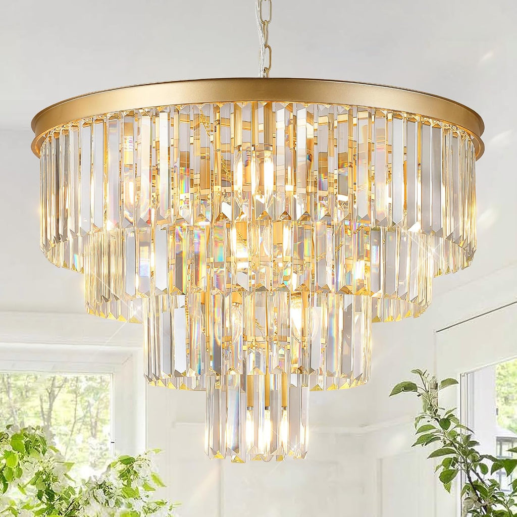 Gold Crystal Chandeliers 24' Modern Large Chandeliers Luxury 4-Tier 12 Lights K9 Crystal Round Ceiling Pendant Light Fixture Contemporary for Dining Room Foyer Staircase Living Room
