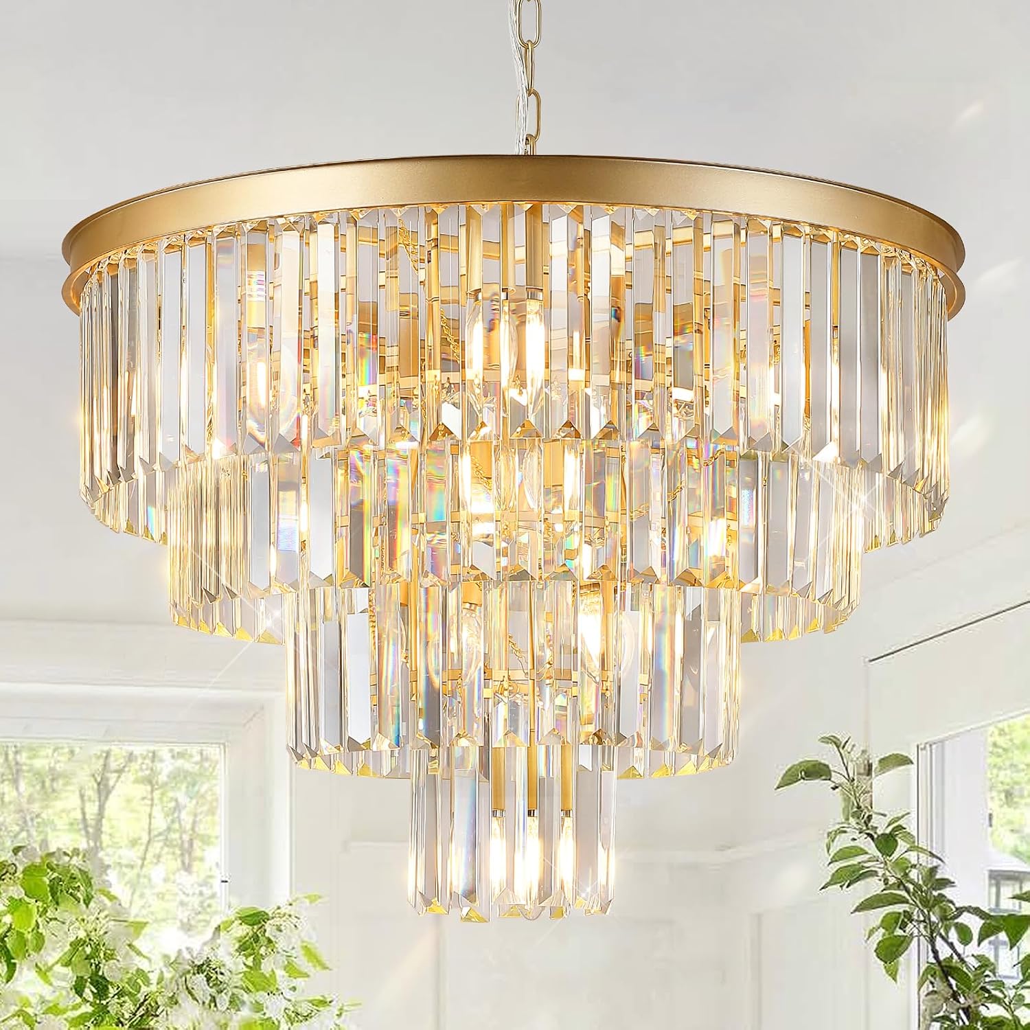 Gold Crystal Chandeliers 24' Modern Large Chandeliers Luxury 4-Tier 12 Lights K9 Crystal Round Ceiling Pendant Light Fixture Contemporary for Dining Room Foyer Staircase Living Room
