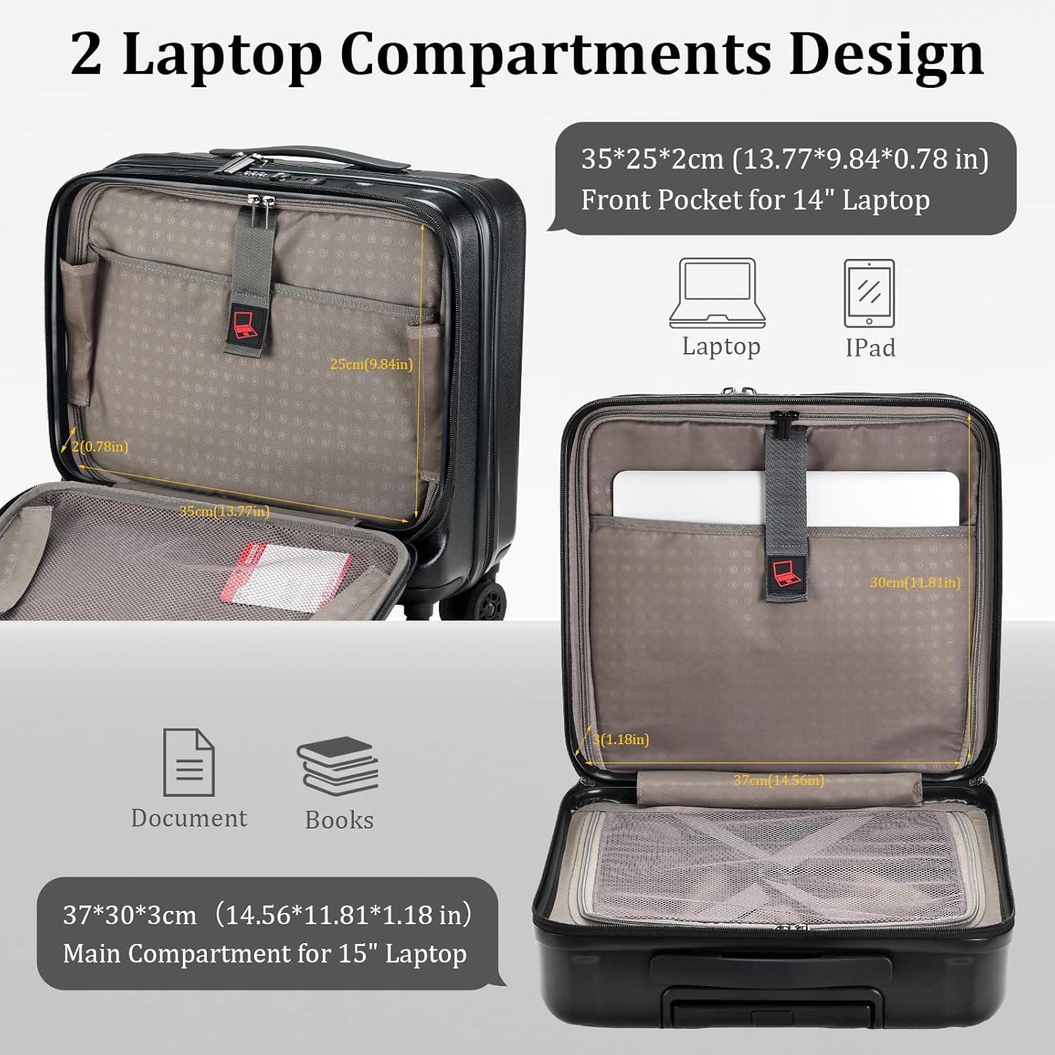 16 Inch Carry On Luggage with 2 Compartments for 14' & 15' Laptop, 16.14*8*17.12' Rolling Briefcase, Lightweight Hardshell ABS+PC Suitcase with Spinner Silent Wheels, for Business Trip, Black