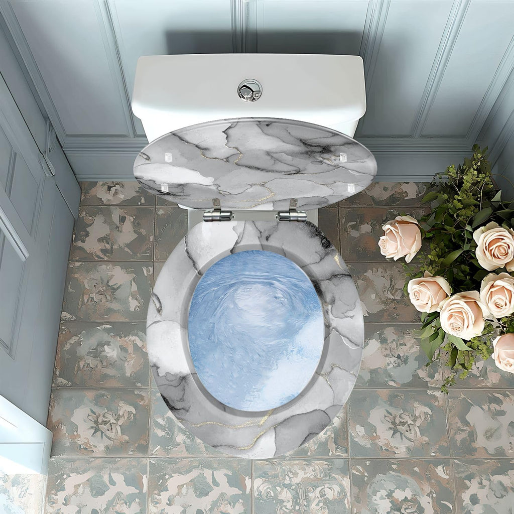 Round Toilet Seat Grey Marble Watercolor Stone Silver Alcohol Ink Gold Marble Resin Toilet Seat with Quietly Close Quick Release Hinges Decorative Toilet Seat with Cover Easy to Clean and Install