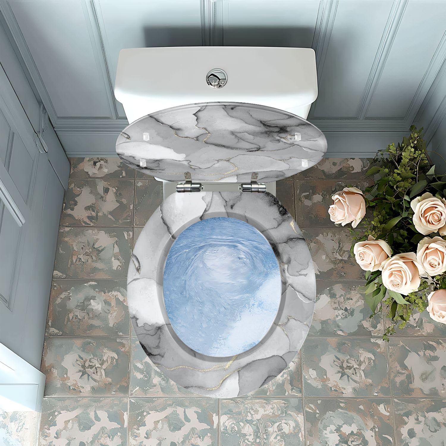 Round Toilet Seat Grey Marble Watercolor Stone Silver Alcohol Ink Gold Marble Resin Toilet Seat with Quietly Close Quick Release Hinges Decorative Toilet Seat with Cover Easy to Clean and Install