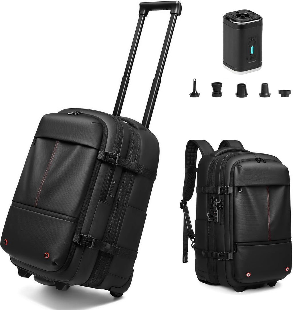 Vacuum Rolling Backpack with Pump, 60L Vacuum Backpack for Travel with Wheels, TSA Lock and Charging Port, Vacuum Compression Expandable Backpack for 17.3'' Laptop, Business & Long Trips