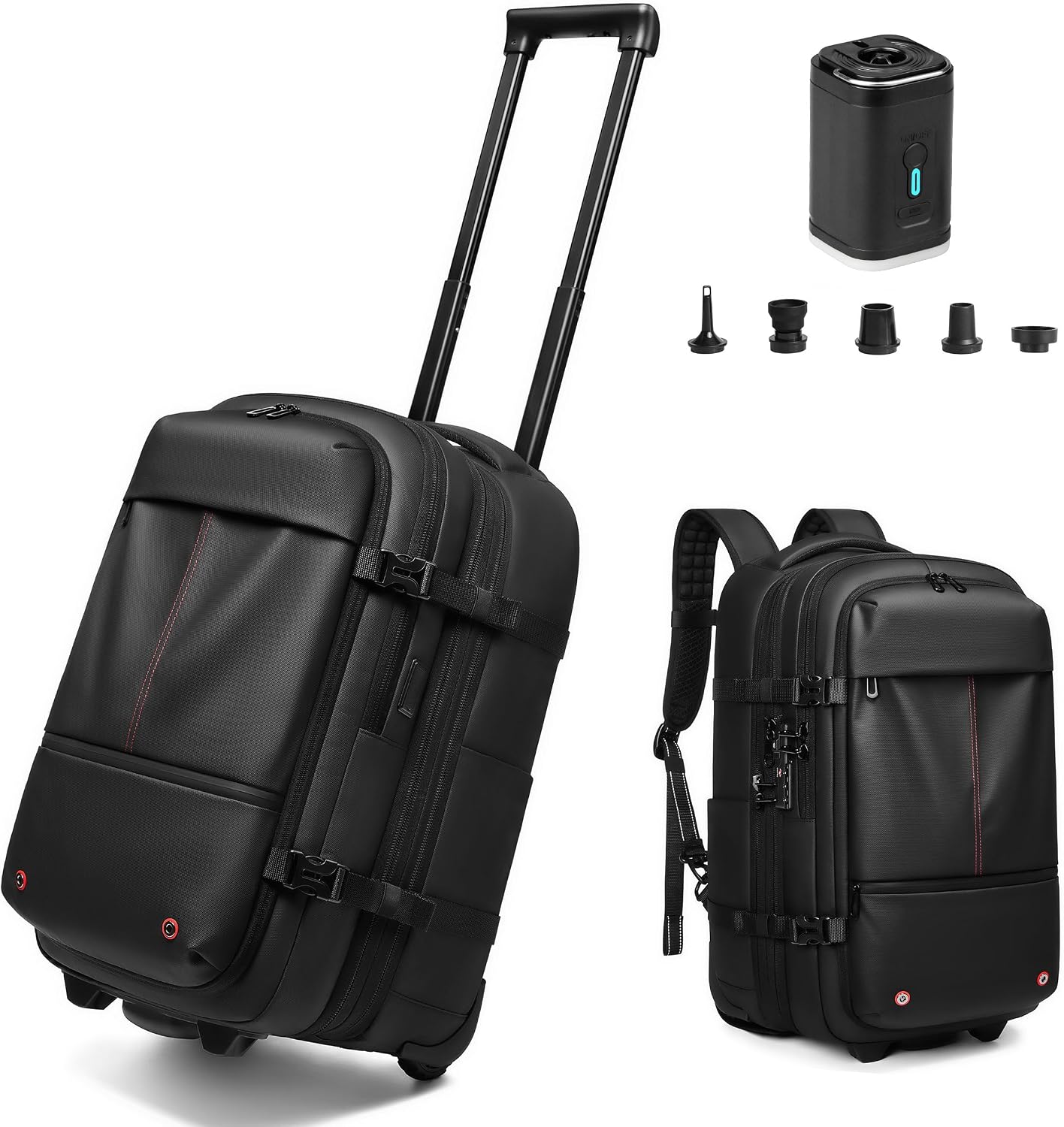 Vacuum Rolling Backpack with Pump, 60L Vacuum Backpack for Travel with Wheels, TSA Lock and Charging Port, Vacuum Compression Expandable Backpack for 17.3'' Laptop, Business & Long Trips