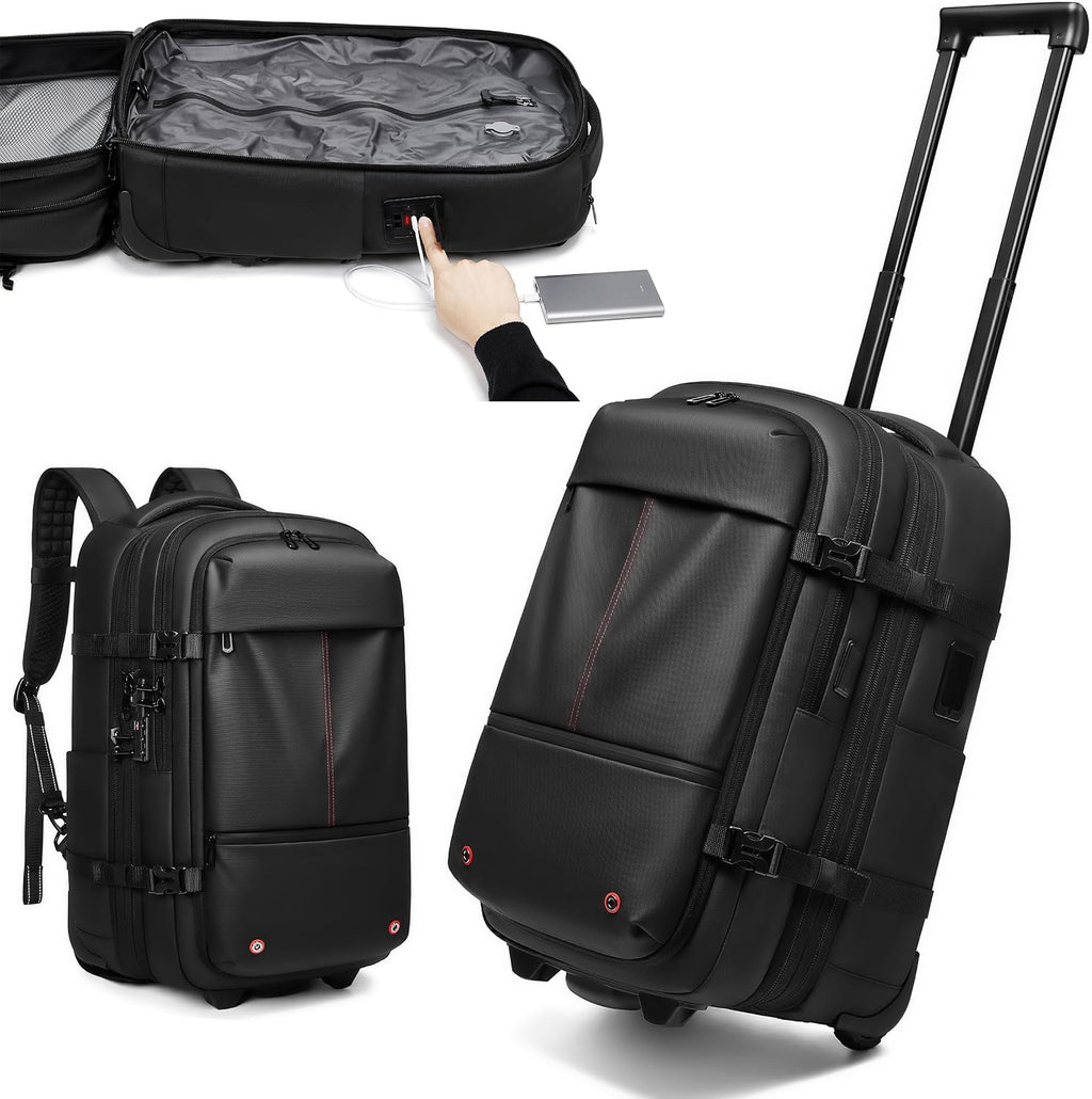 Vacuum Rolling Backpack with Integrated Pump, 60L Vacuum Backpack for Travel with Wheels, TSA Lock and Charging Port, Vacuum Compression Expandable Backpack for 17.3'' Laptop, Business & Long Trips