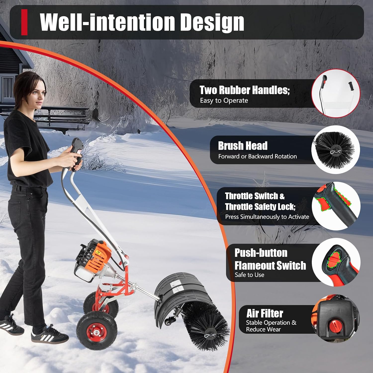 52CC Walk Behind Power Sweeper Broom, 2-Stroke 2.5HP Snow Sweeper Air-Cooled Fuel Engine Snowplow Broom, Outdoor Lawn Sweeper Cleaner Tools for Lawn Leaf Snow Artificial Turf Grass Gravel Cleaning