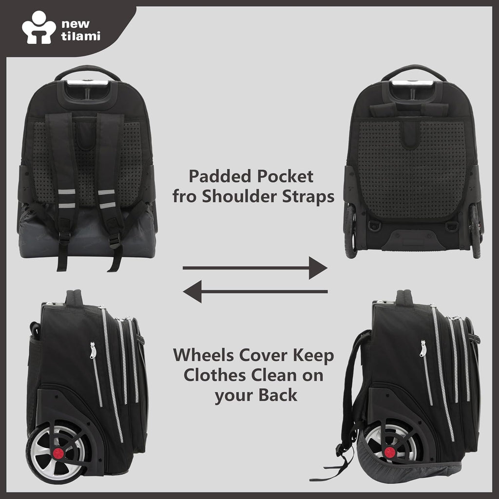 NEW TILAMI 20' Rolling Backpack for Teens Adults, Climbing Stairs Waterproof Backpack with Wheels for School Business Trave Camping with Laptop Compartment, Fit 17 Inch Laptop, Black