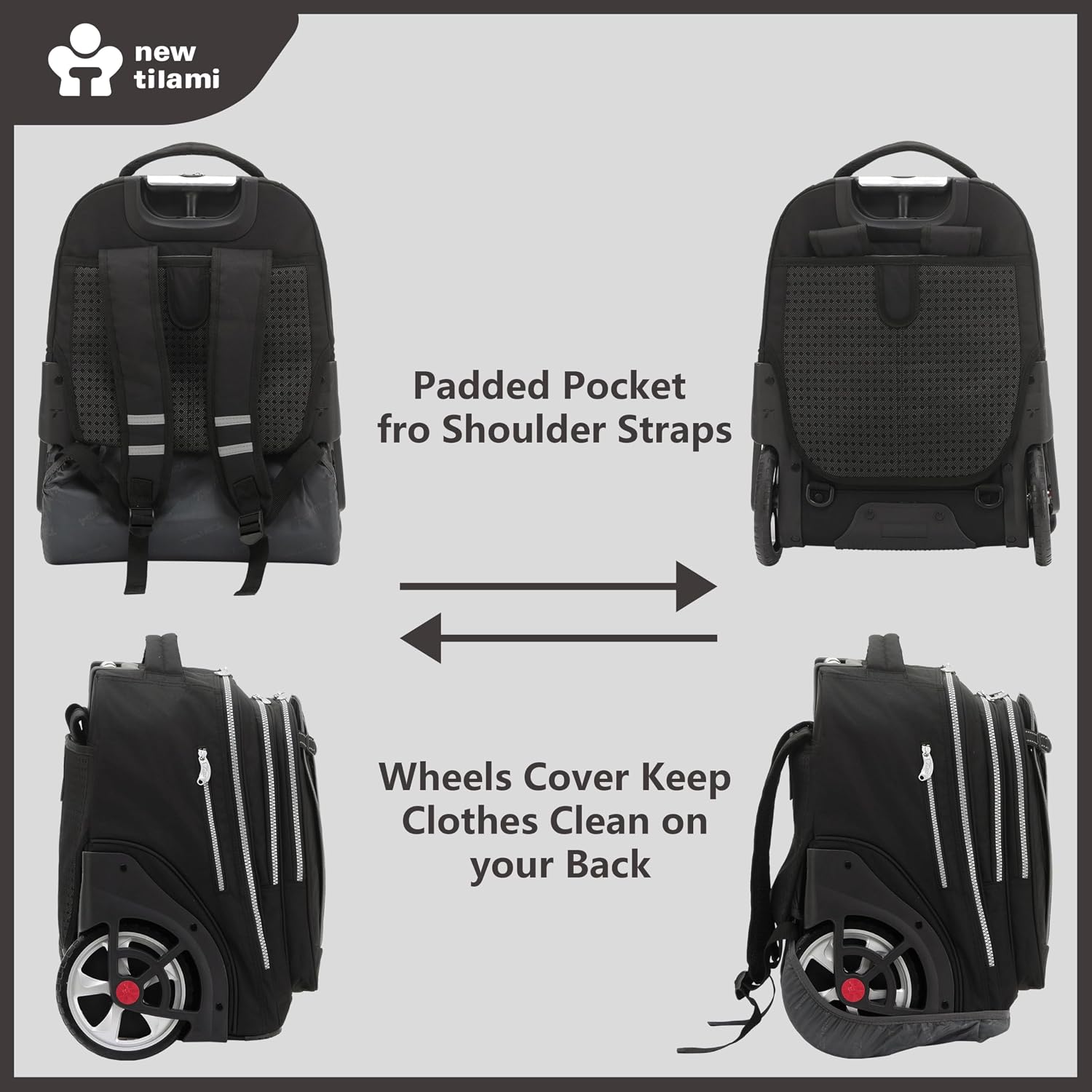 NEW TILAMI 20' Rolling Backpack for Teens Adults, Climbing Stairs Waterproof Backpack with Wheels for School Business Trave Camping with Laptop Compartment, Fit 17 Inch Laptop, Black