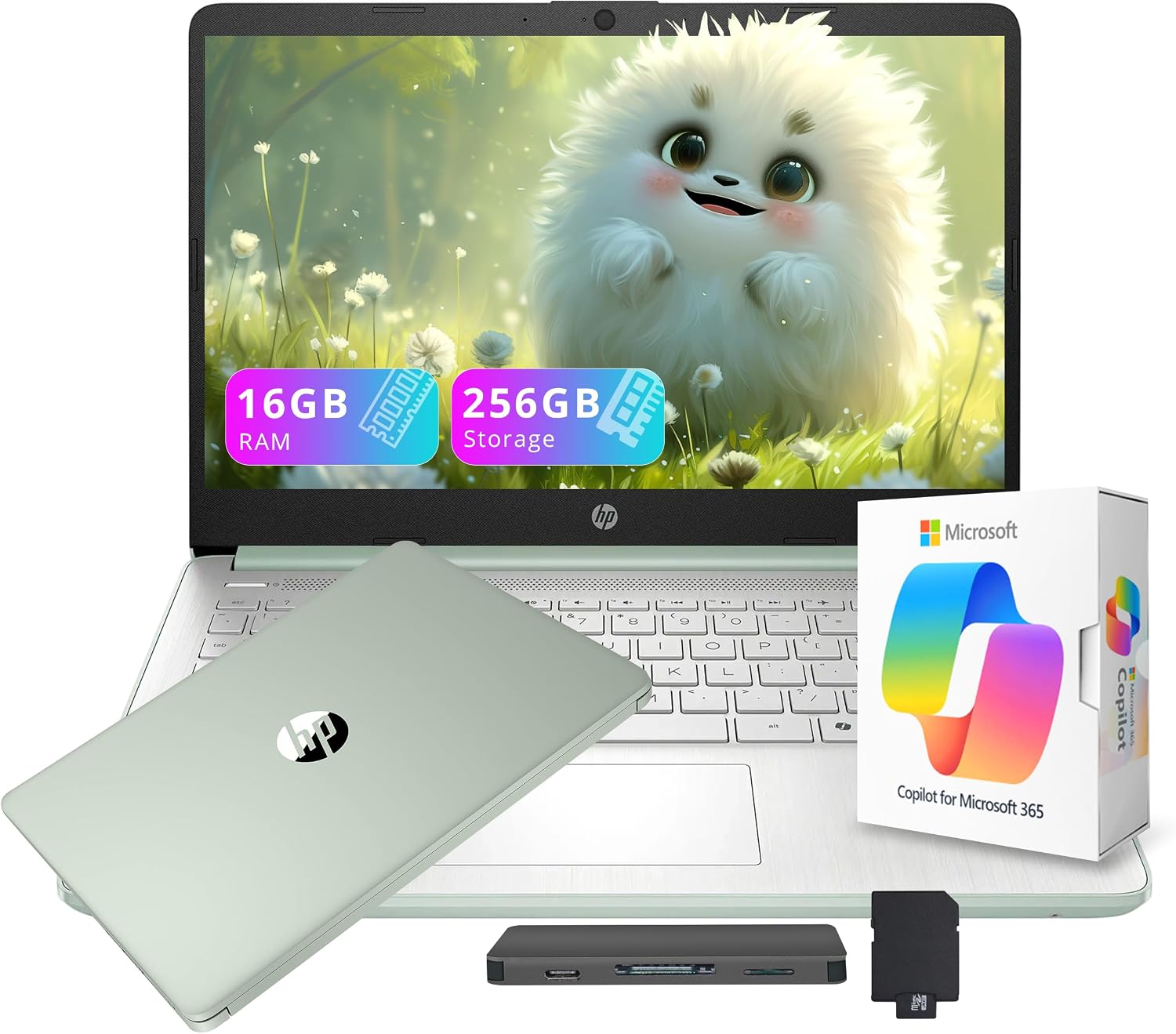 HP Flagship 14' HD Student&Business Laptop with AI Copilot, 13th Gen Intel 4-Core, 16GB RAM, 256GB Storage (128GB UFS + 128GB Docking Station), 1 Year Office 365, 720p Webcam, Win 11, Willow Green