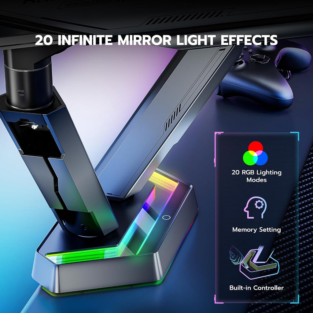 ARES WING RGB Dual Monitor Arm for 17-38' Ultrawide Screens, Holds 35.2lbs, Heavy Duty Dual Monitor Stand for Desk, Adjustable Double Mount with Clamp & Grommet Base, 75/100 VESA Mount, Gray