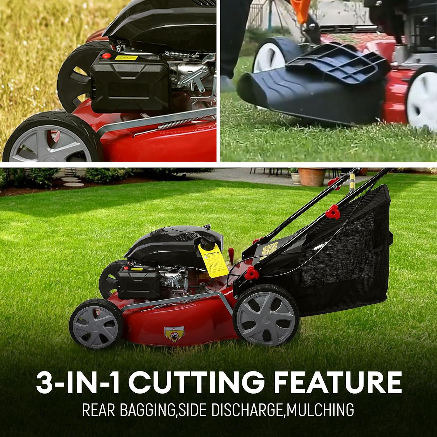 Self Propelled Gas Lawn Mower, 141cc 20 Inches Gas Lawn Mower, 7-Position Single Lever Height Adjustment, Push Lawn Mower Gas Powered with 50L Grass Tank and Big Wheels for Lawn Care Red
