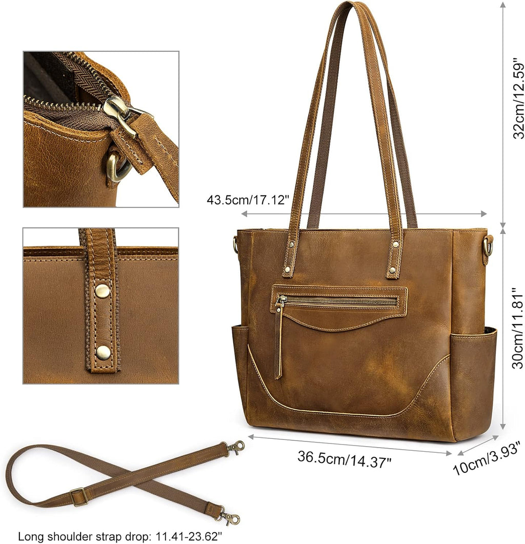 S-ZONE Genuine Leather Tote Bag for Women Large Shoulder Purses Work Handbags with Crossbody Strap Vintage