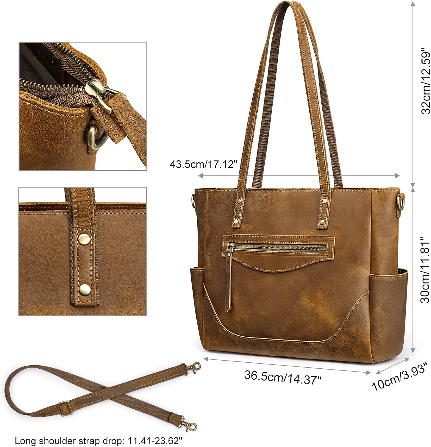 S-ZONE Genuine Leather Tote Bag for Women Large Shoulder Purses Work Handbags with Crossbody Strap Vintage
