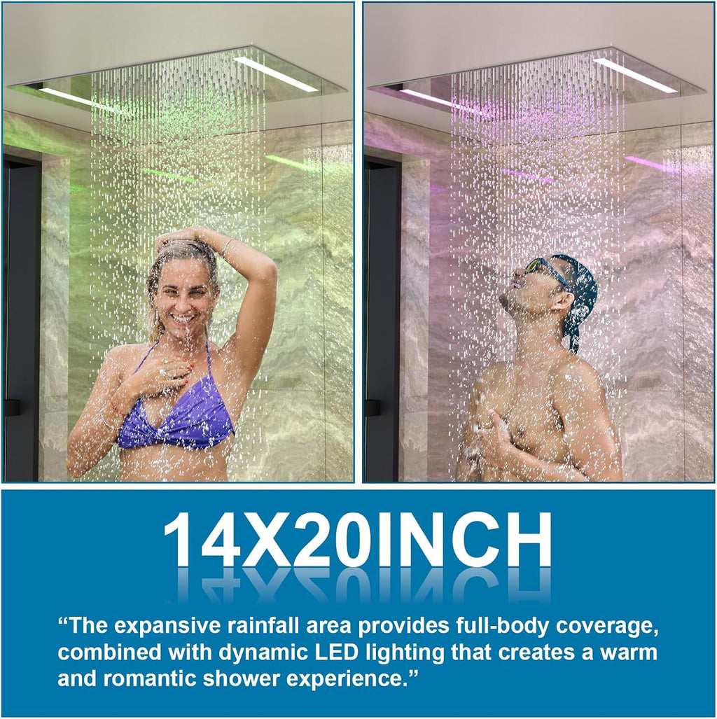 Enga 20 X 14 Inch LED Rain Shower System, Temperature-Display Thermostatic Shower Valve, 4PCS Shower Jets with ON-OFF, Dual Function Handheld Sprayer, Chrome