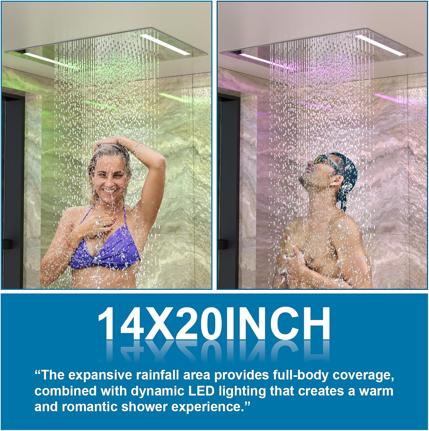 Enga 20 X 14 Inch LED Rain Shower System, Temperature-Display Thermostatic Shower Valve, 4PCS Shower Jets with ON-OFF, Dual Function Handheld Sprayer, Chrome