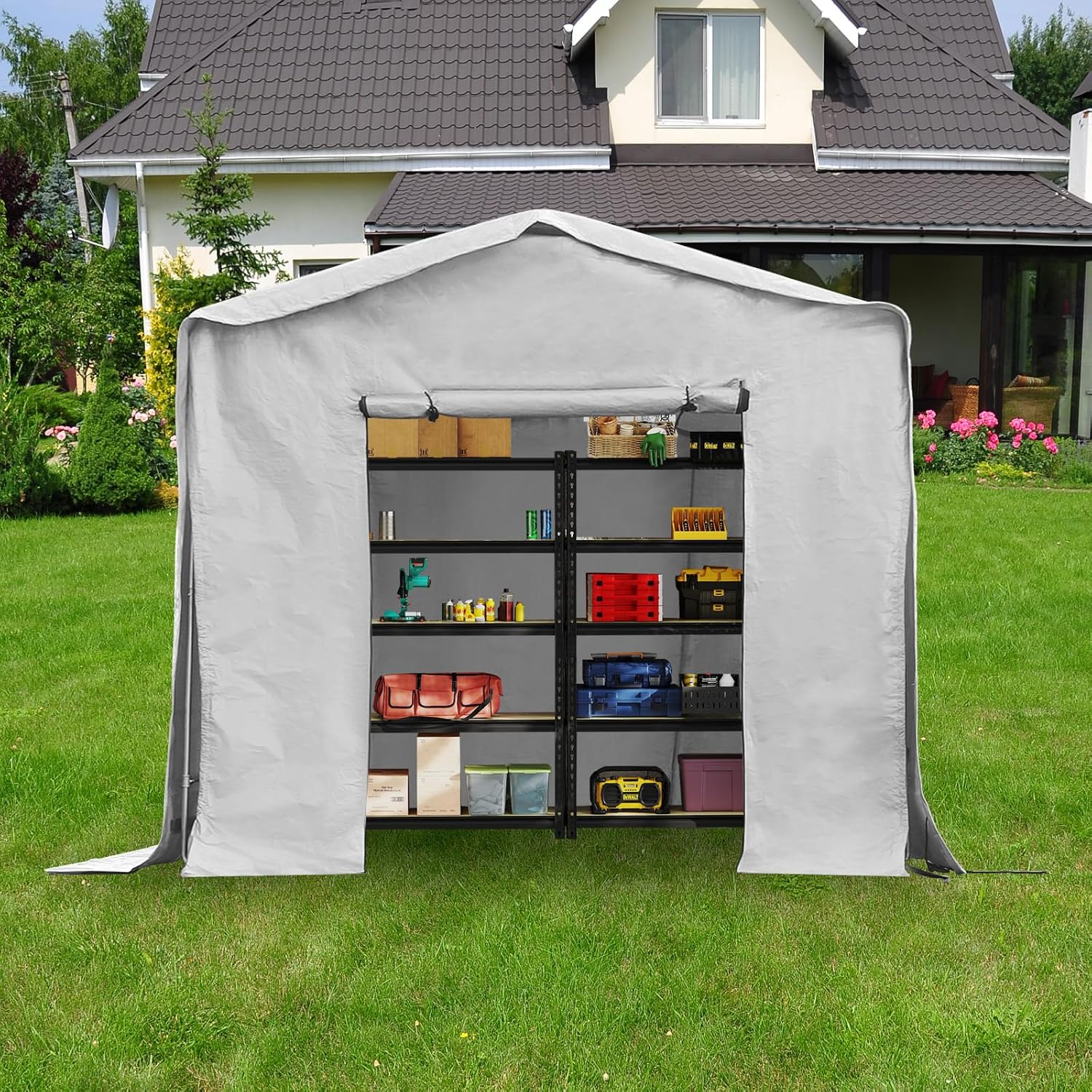8x8x8 FT Outdoor Storage Shelter Carport, Portable Storage Tent with Roll-up Door, Waterproof Outdoor Carport for Bike, Lawn Mower, ATV Storage (Grey)
