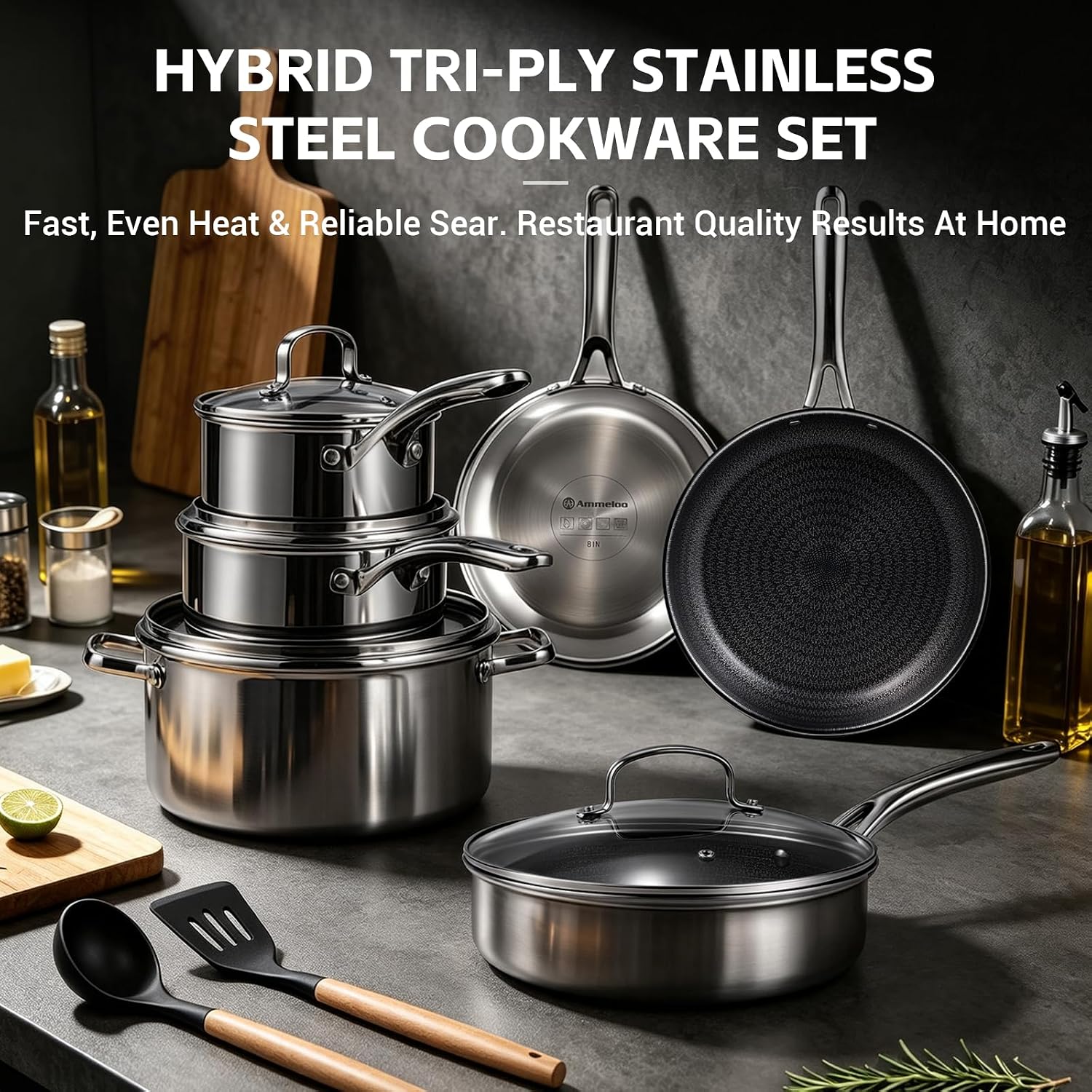 Ammeloo 17 Pcs Nonstick Stainless Steel Cookware Set, Hybrid Stainless Steel Pots and Pans Set Non Stick, Non Toxic Kitchen Cookware Sets, Dishwasher & Oven Safe, Induction & All Cooktop Compatible