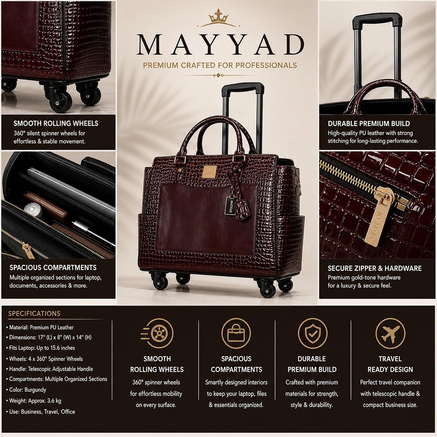Rolling Laptop Bag for Women with Wheels & Handle Luxury Pure Leather Embossed Work Bag with Laptop Sleeve Travel Briefcase