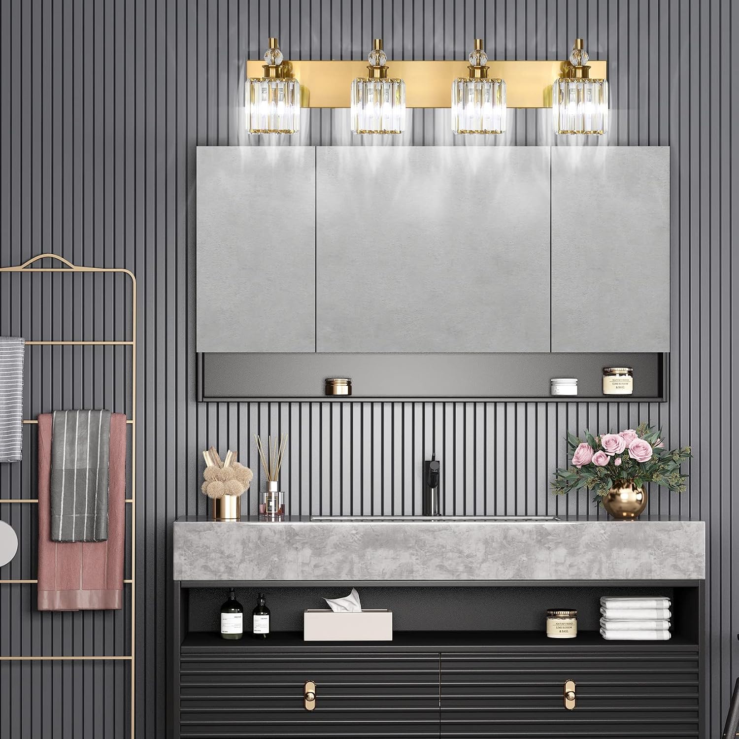 Ralbay Crystal Vanity Lights 4-Lights 31.5''Gold Bathroom Lighting Fixtures Over Mirror Modern Crystal Gold Bathroom Vanity Lights