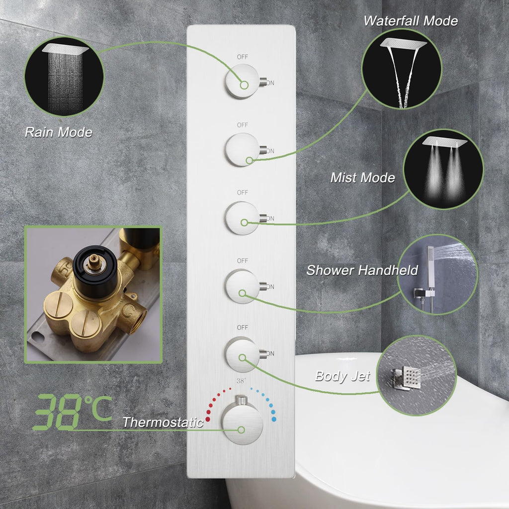 Brushed Nickel Shower Faucet Set with 16X24 Inch Ceiling Shower, with Handheld Spray and 6 PCS Body Jets, 5 Function Thermostatic Shower System