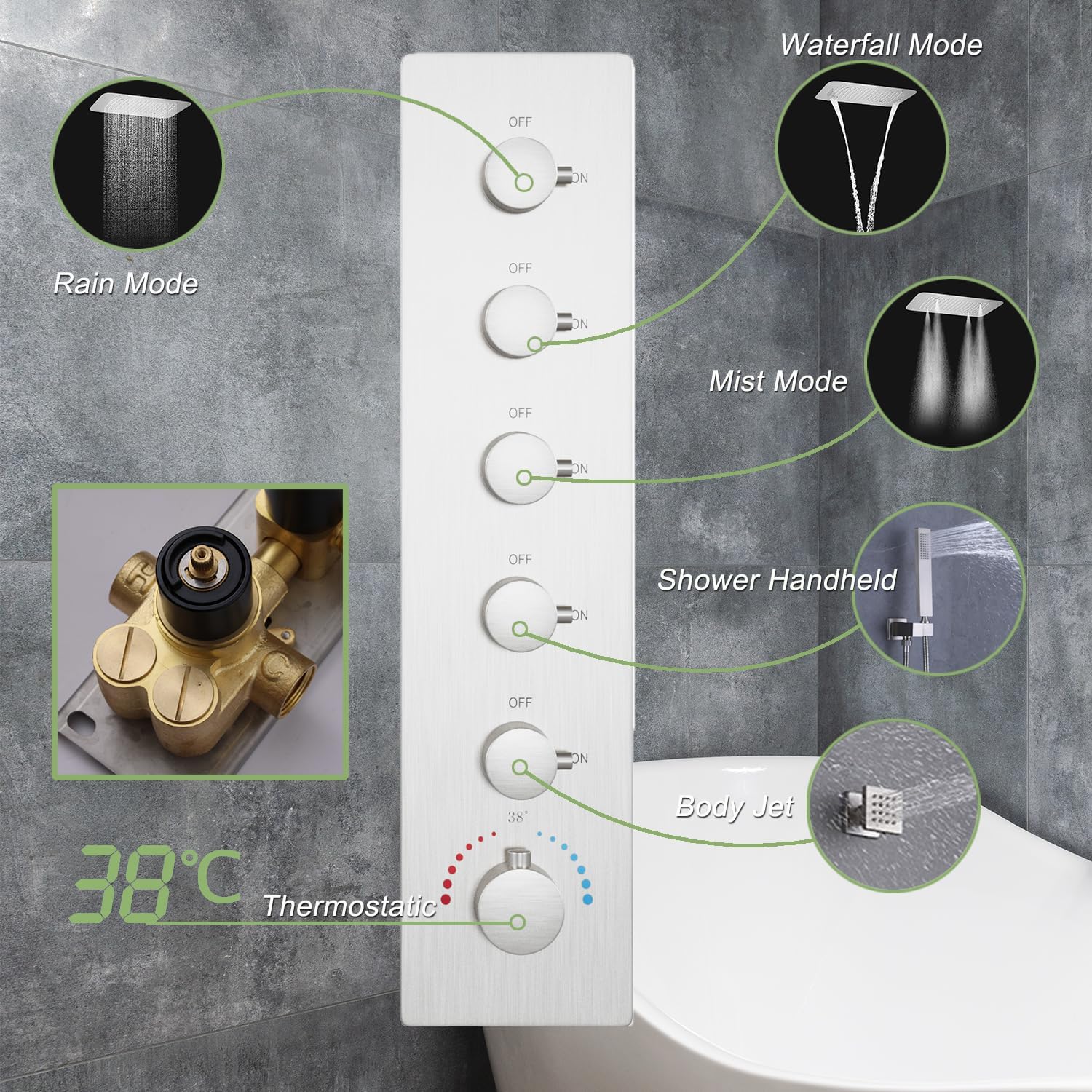 Brushed Nickel Shower Faucet Set with 16X24 Inch Ceiling Shower, with Handheld Spray and 6 PCS Body Jets, 5 Function Thermostatic Shower System