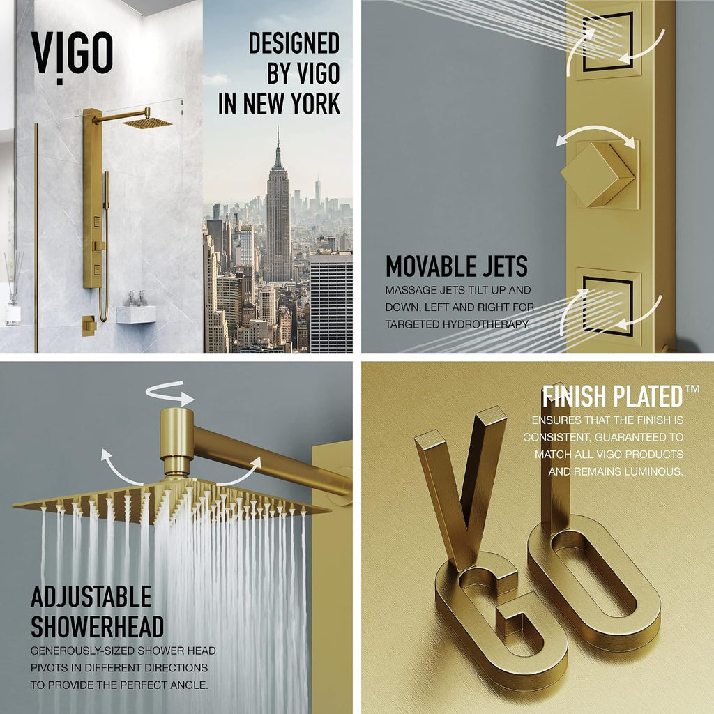 VIGO Orchid 39 in. H x 4 in. W 2-Jet Shower Panel System with Square Head and Hand Shower Wand in Matte Brushed Gold VG08014MG