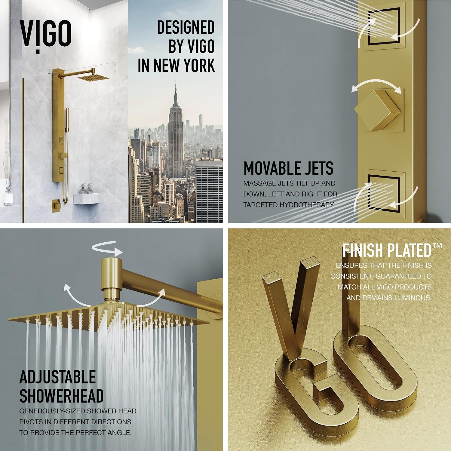 VIGO Orchid 39 in. H x 4 in. W 2-Jet Shower Panel System with Square Head and Hand Shower Wand in Matte Brushed Gold VG08014MG