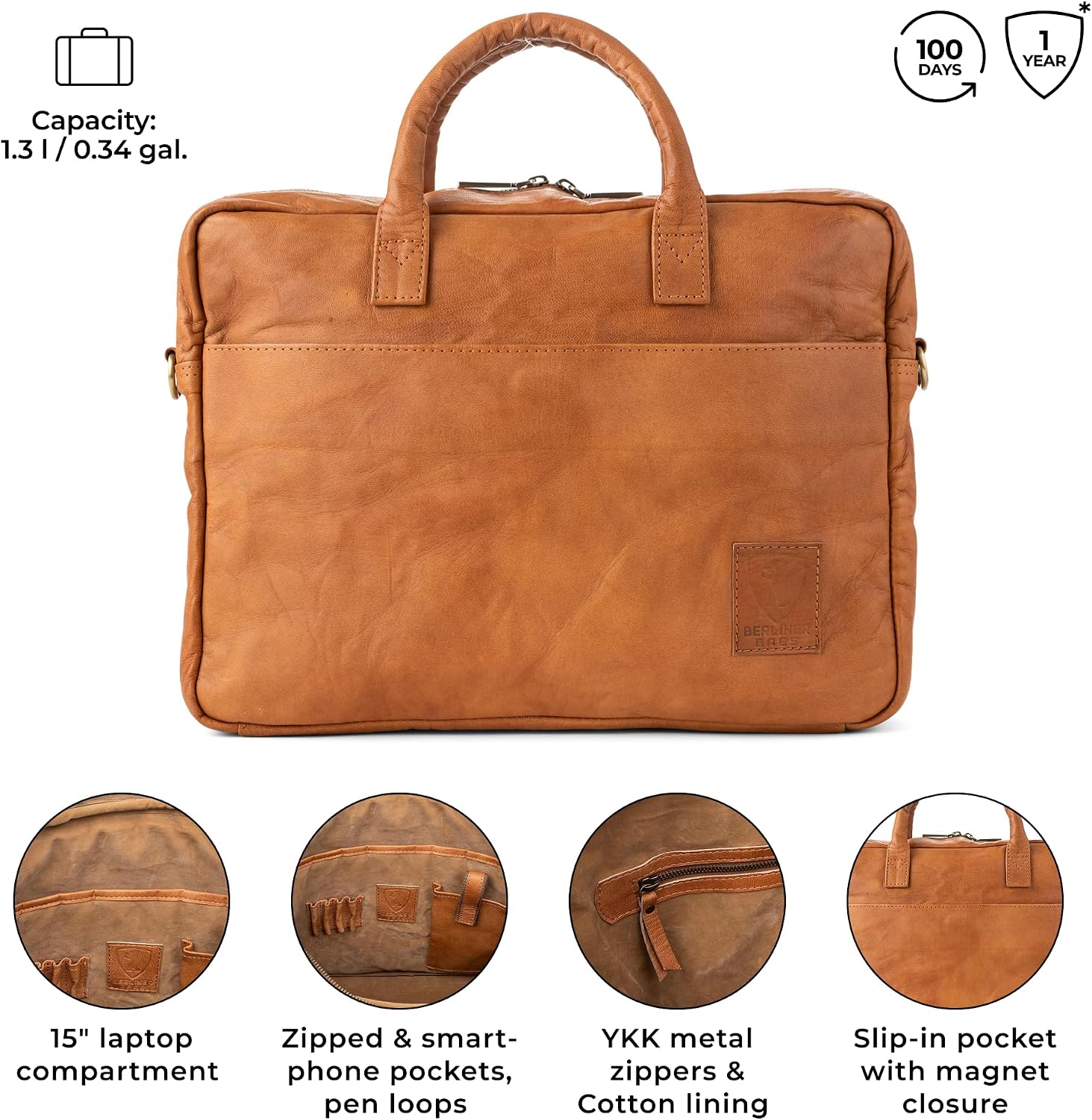 BERLINER BAGS Vintage Genuine Leather Laptop Bag Madrid, Work Bag, Briefcase for Men and Women - Brown