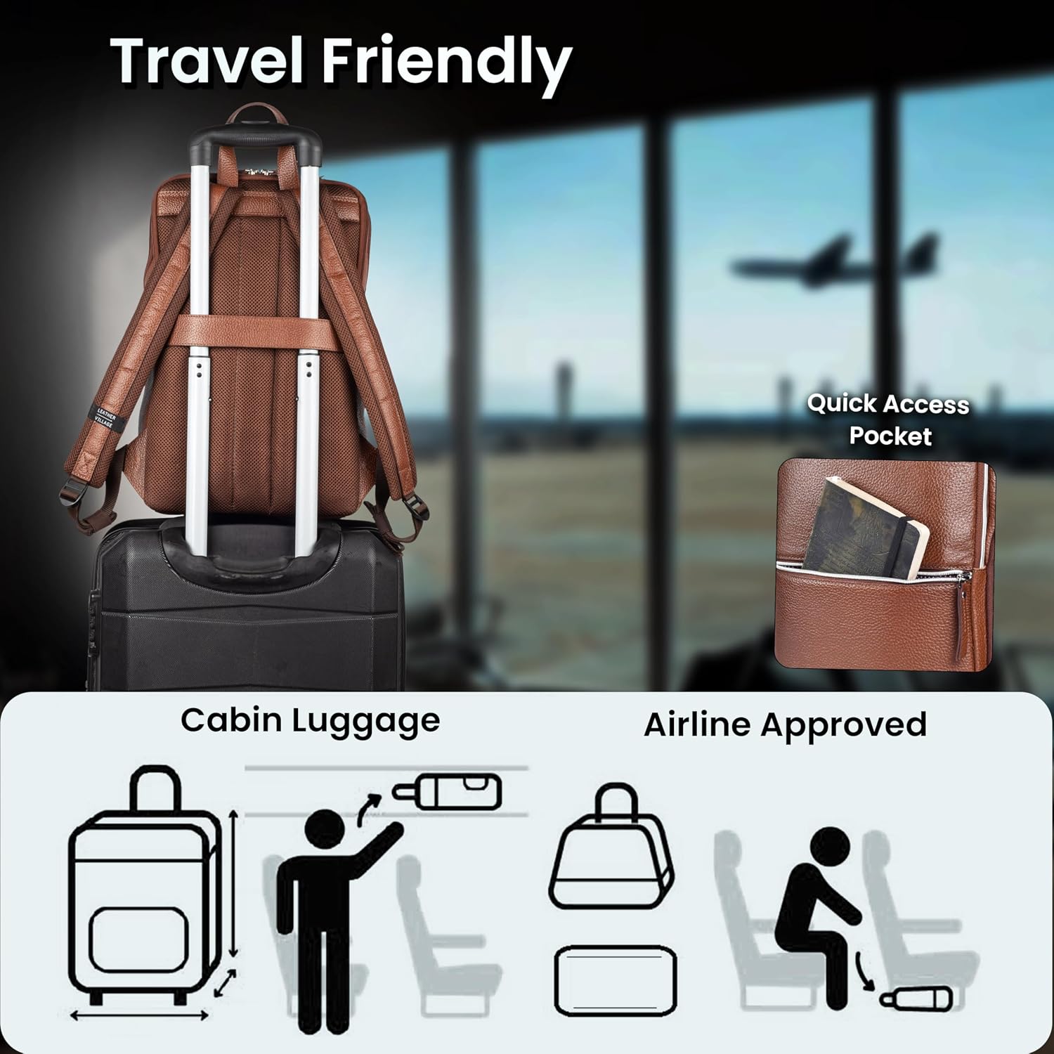 LEATHER VILLAGE Leather Laptop Backpack for Men | Cognac Brown | Slim Professional Business Bag Fits 15.6'-Laptop | Water-Repellent Work & Travel Daypack with Trolley Strap