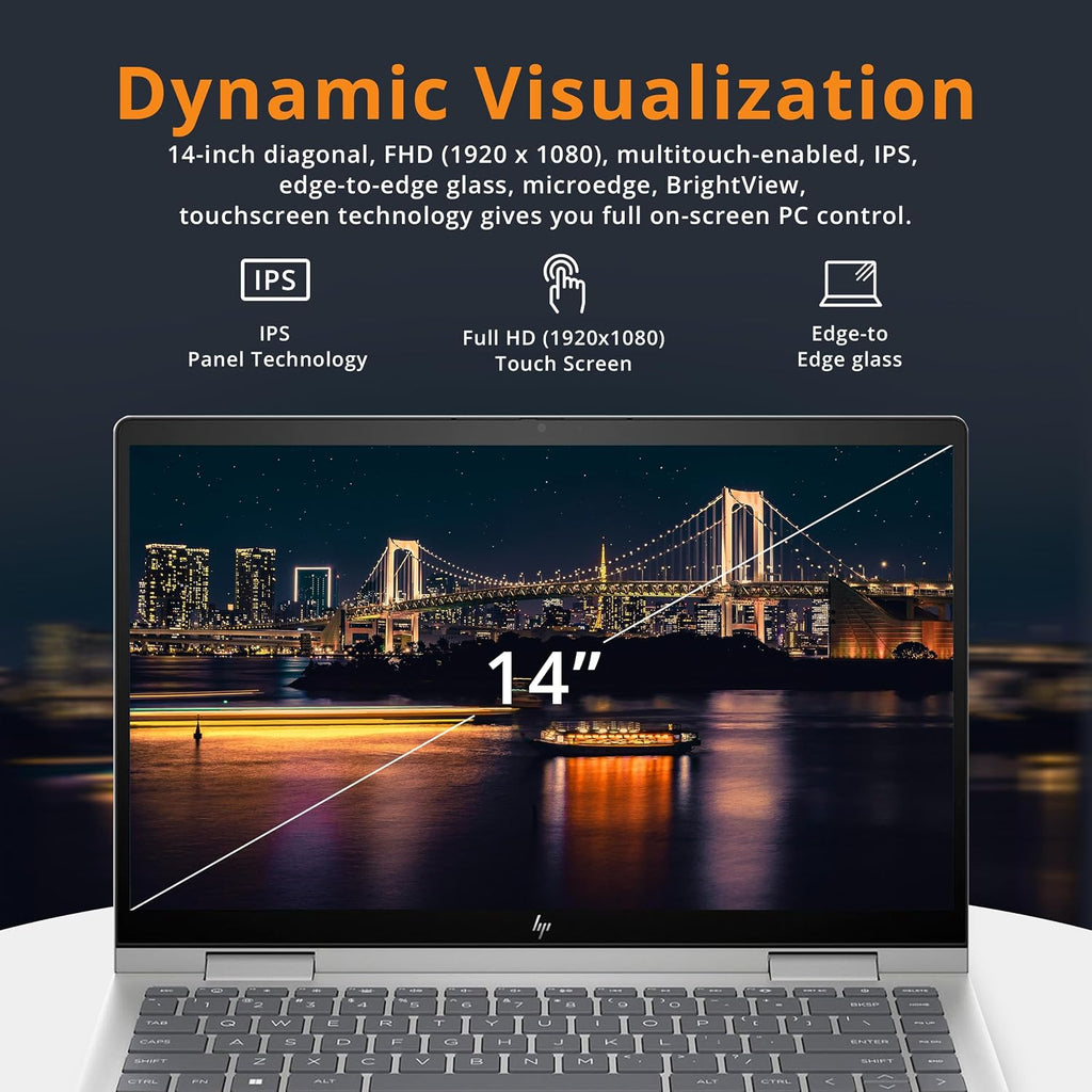 HP Envy x360 2-in-1 14' FHD Touchscreen Laptop, Intel Core i7-1355U, 16GB RAM, 1TB SSD, Backlit KB, 5MP Camera, Fingerprint Reader, Intel Iris Xe Graphics, Wi-Fi 6E, Win 11, Silver, 32GB USB Card